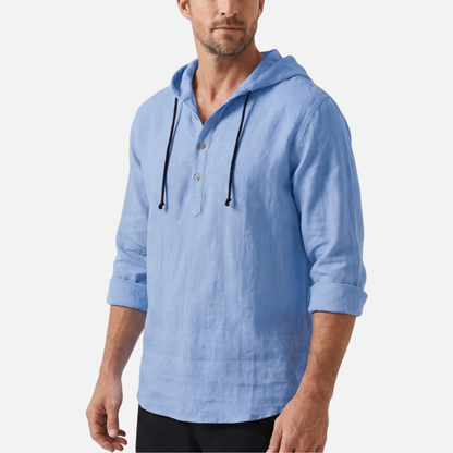 Camisa casual ligera de lino con capucha y cordón para hombre