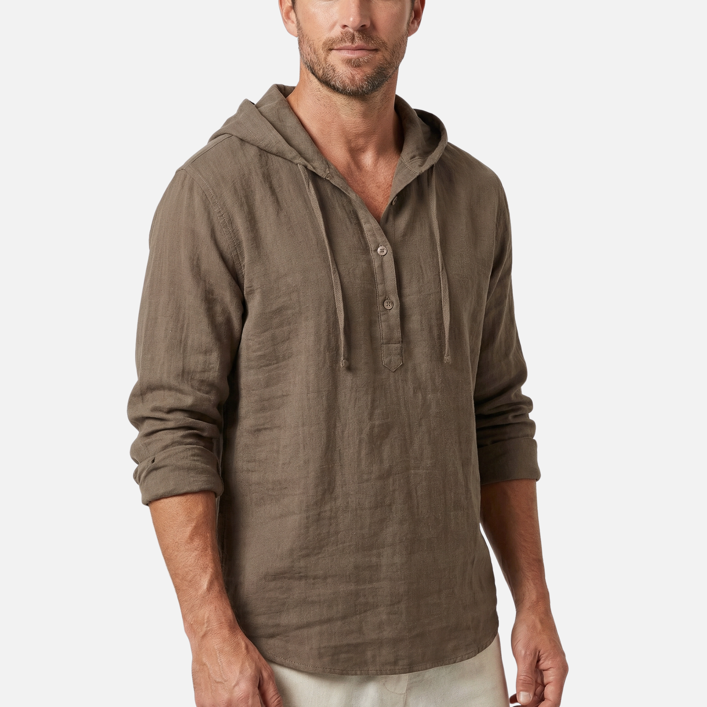 Camisa casual ligera de lino con capucha y cordón para hombre
