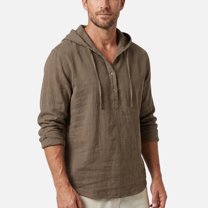 Camisa casual ligera de lino con capucha y cordón para hombre