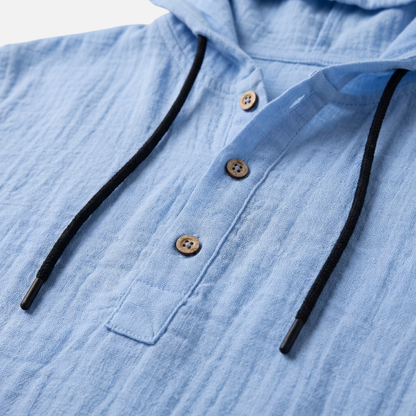 Camisa casual ligera de lino con capucha y cordón para hombre