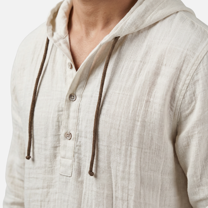 Camisa casual ligera de lino con capucha y cordón para hombre