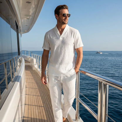 Conjunto ligero de verano de lino – camisa de manga corta y pantalón con cordón para hombre