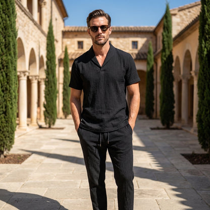 Conjunto ligero de verano de lino – camisa de manga corta y pantalón con cordón para hombre