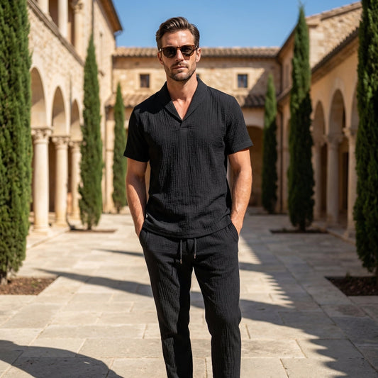 Conjunto ligero de verano de lino – camisa de manga corta y pantalón con cordón para hombre