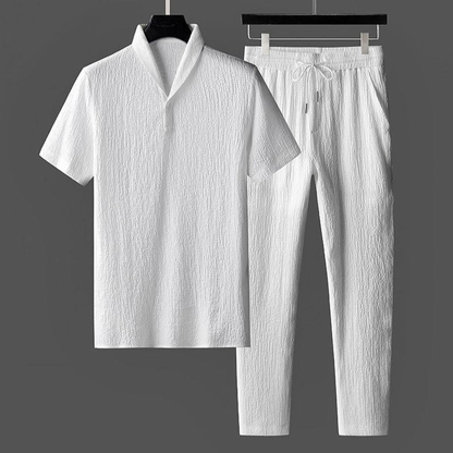 Conjunto ligero de verano de lino – camisa de manga corta y pantalón con cordón para hombre