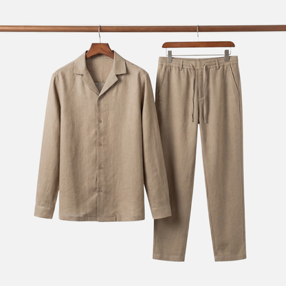 Conjunto ligero de lino de verano con cuello de solapa para hombre