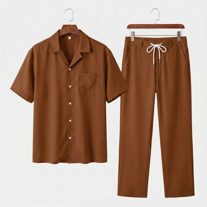 Conjunto de camisa de lino de manga corta y pantalón con cordón para hombre