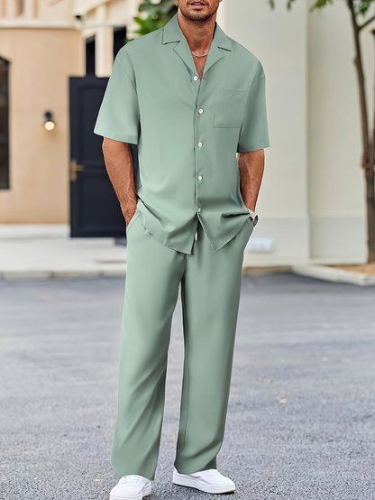 Conjunto de camisa de lino de manga corta y pantalón con cordón para hombre