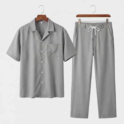 Conjunto de camisa de lino de manga corta y pantalón con cordón para hombre