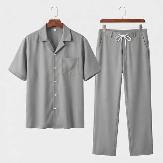 Conjunto de camisa de lino de manga corta y pantalón con cordón para hombre