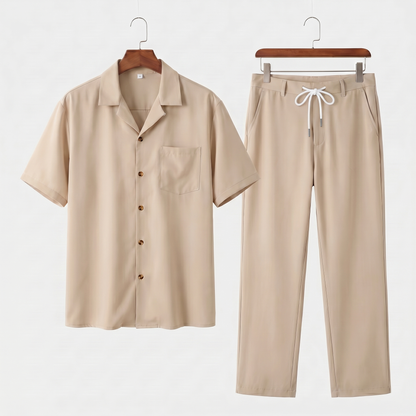 Conjunto de camisa de lino de manga corta y pantalón con cordón para hombre