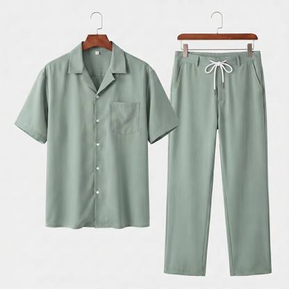 Conjunto de camisa de lino de manga corta y pantalón con cordón para hombre