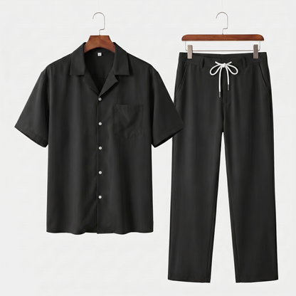 Conjunto de camisa de lino de manga corta y pantalón con cordón para hombre