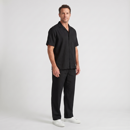 Conjunto de camisa de lino de manga corta y pantalón con cordón para hombre