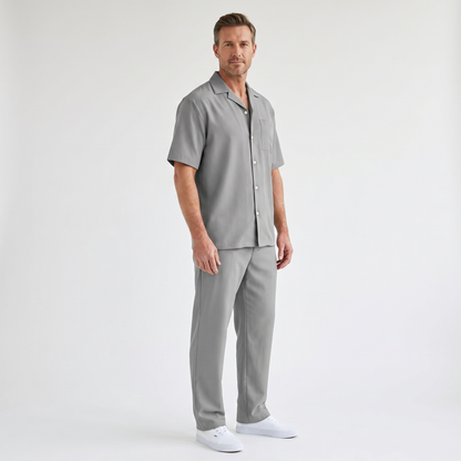 Conjunto de camisa de lino de manga corta y pantalón con cordón para hombre