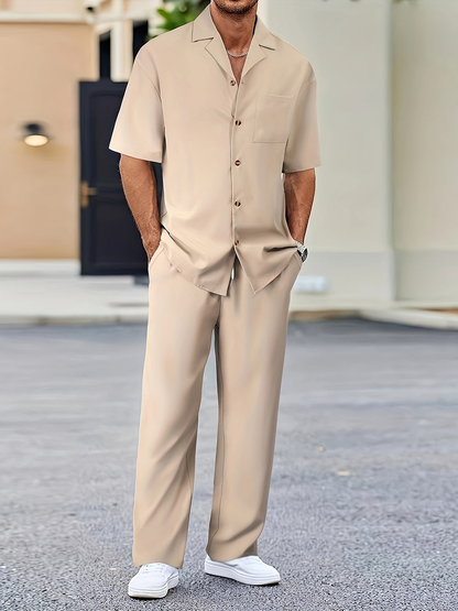 Conjunto de camisa de lino de manga corta y pantalón con cordón para hombre
