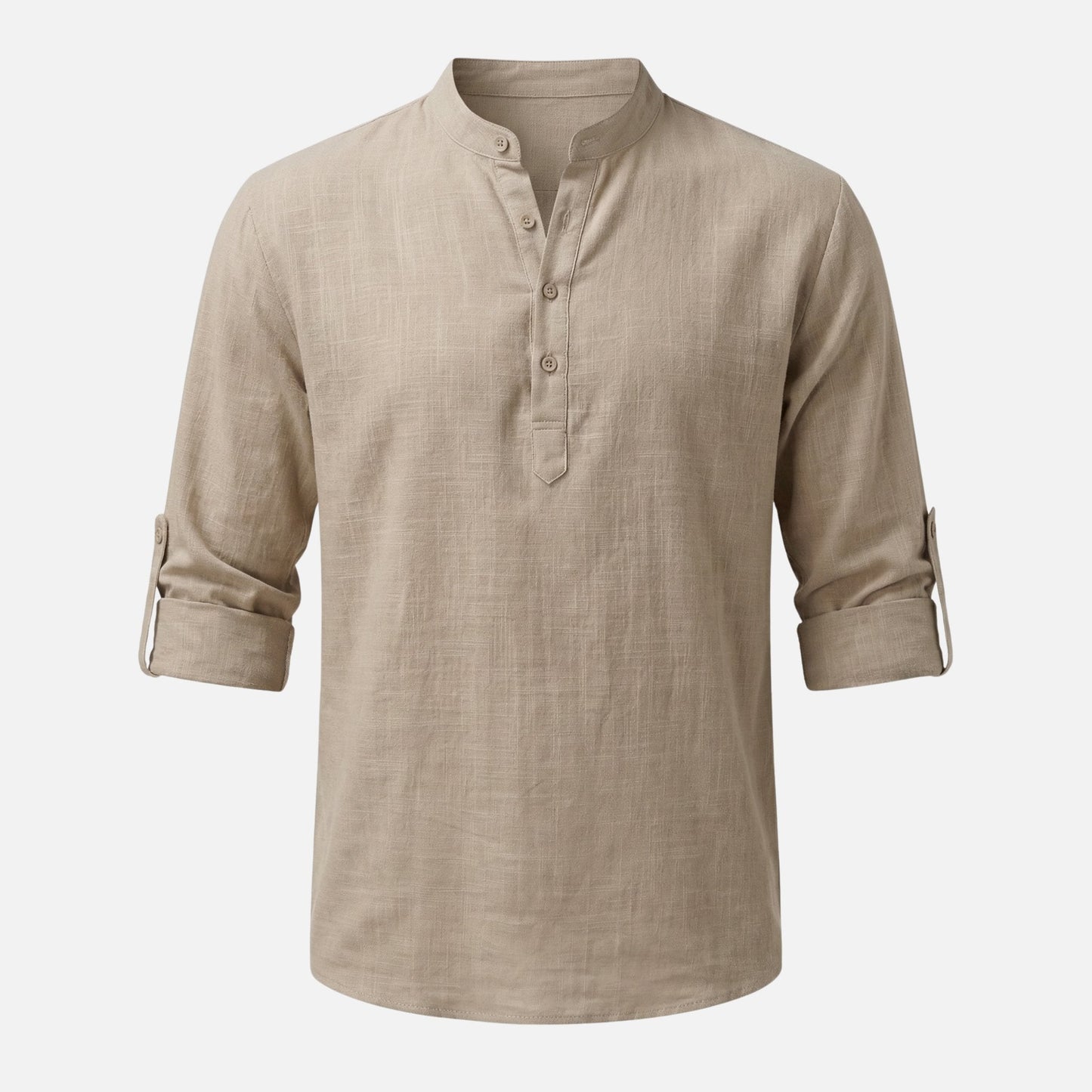 Camisa de lino con escote Henley y mangas remangadas para hombre