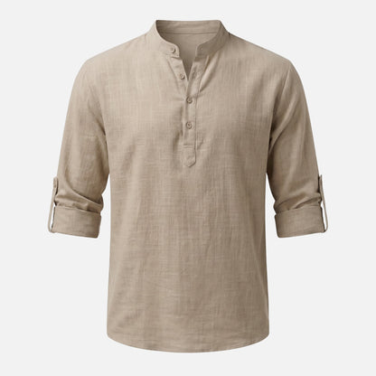 Camisa de lino con escote Henley y mangas remangadas para hombre