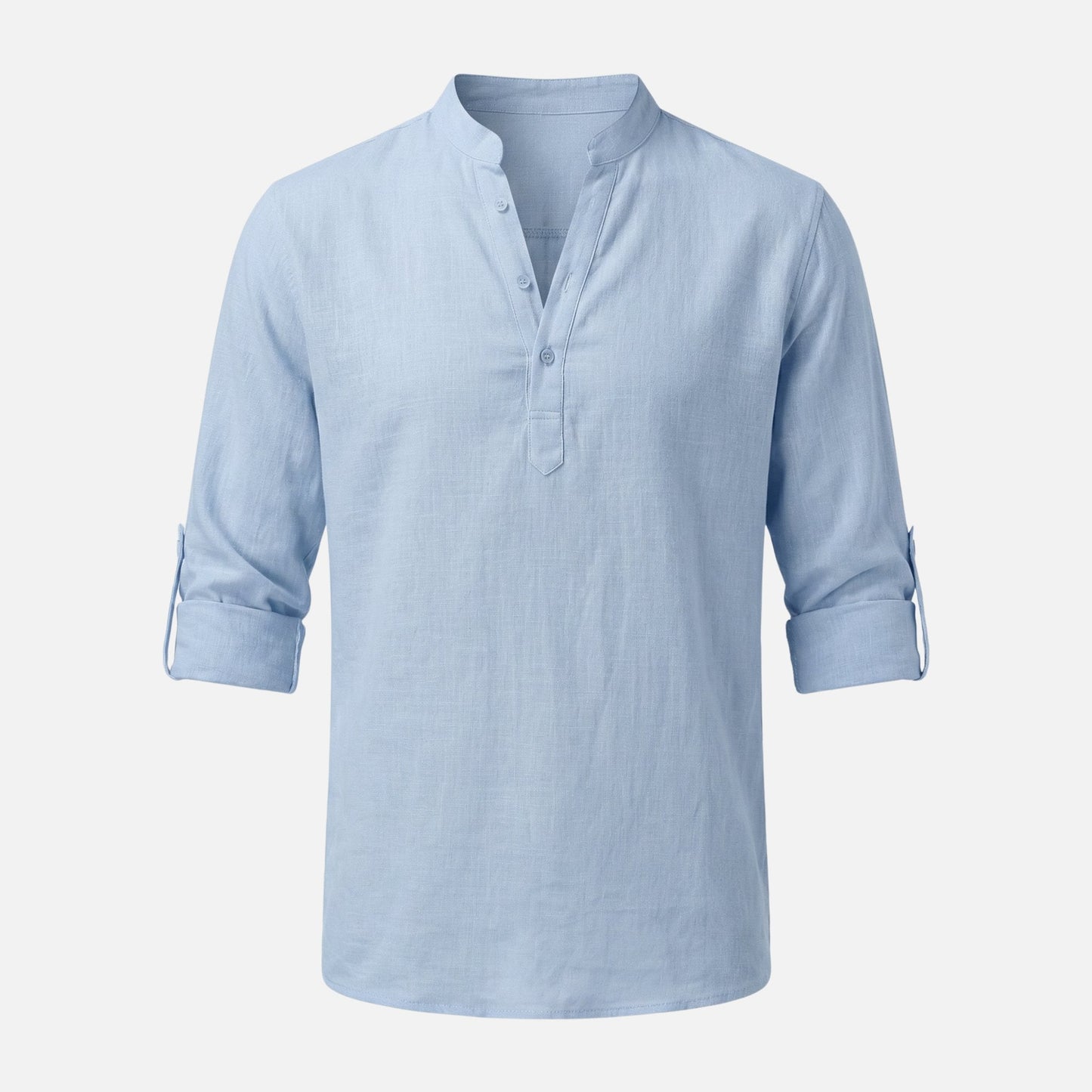 Camisa de lino con escote Henley y mangas remangadas para hombre