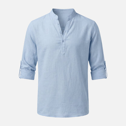 Camisa de lino con escote Henley y mangas remangadas para hombre