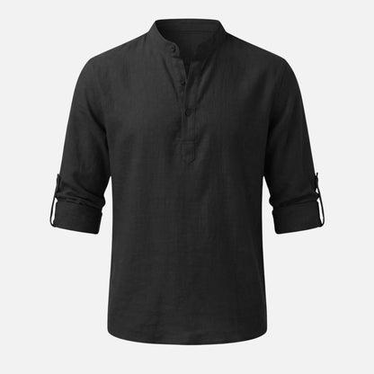 Camisa de lino con escote Henley y mangas remangadas para hombre