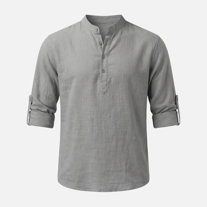 Camisa de lino con escote Henley y mangas remangadas para hombre