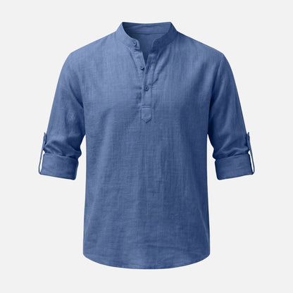 Camisa de lino con escote Henley y mangas remangadas para hombre