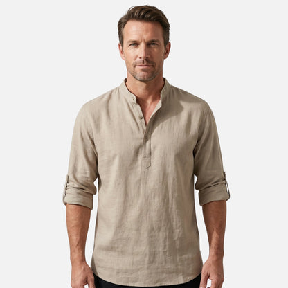 Camisa de lino con escote Henley y mangas remangadas para hombre