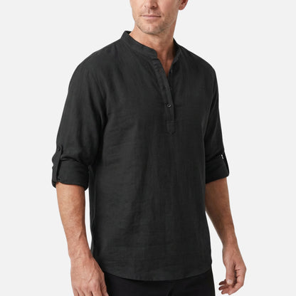 Camisa de lino con escote Henley y mangas remangadas para hombre