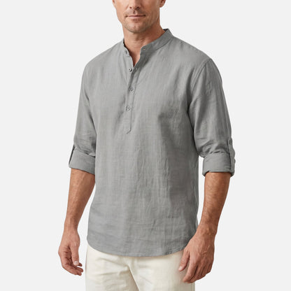 Camisa de lino con escote Henley y mangas remangadas para hombre