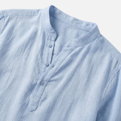 Camisa de lino con escote Henley y mangas remangadas para hombre