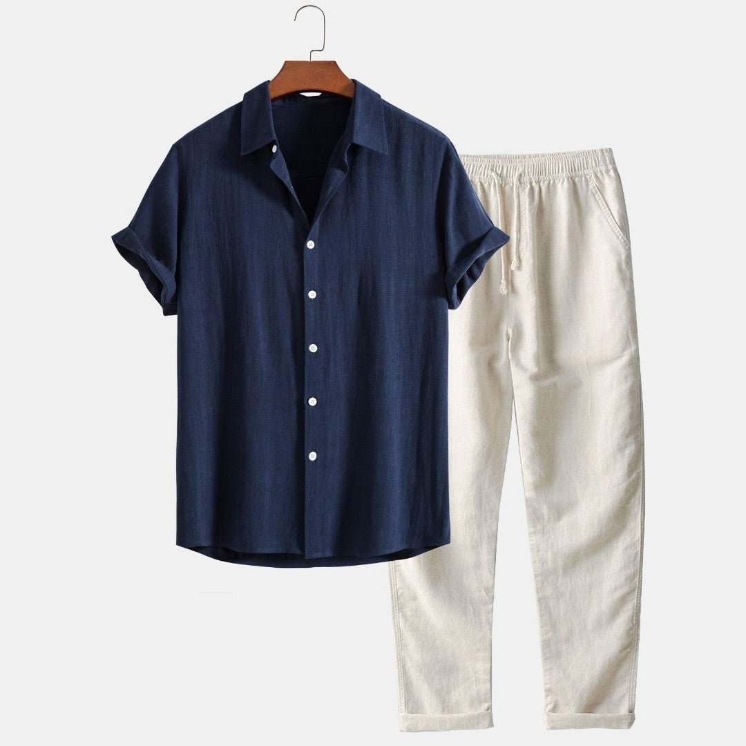 Conjunto de camisa de manga corta y pantalones cortos de mezcla de lino para hombre