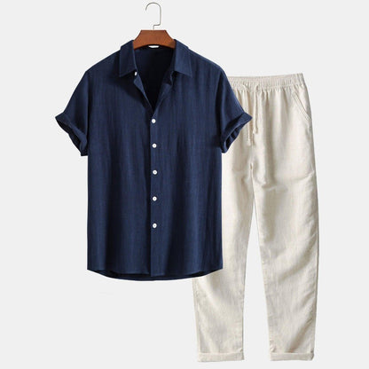 Conjunto de camisa de manga corta y pantalones cortos de mezcla de lino para hombre