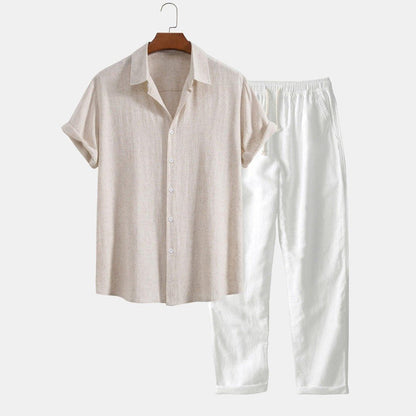 Conjunto de camisa de manga corta y pantalones cortos de mezcla de lino para hombre