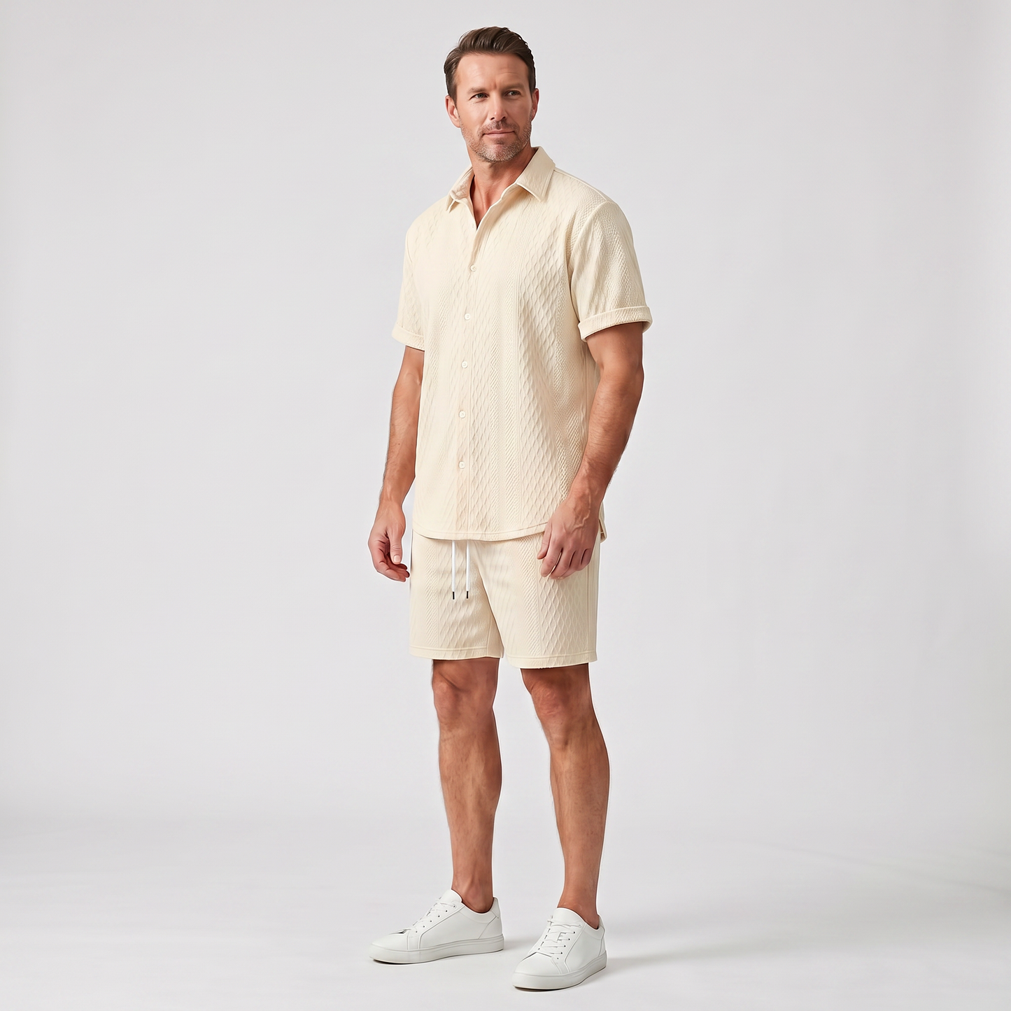 Conjunto casual de punto estructurado con shorts con cordón para hombre