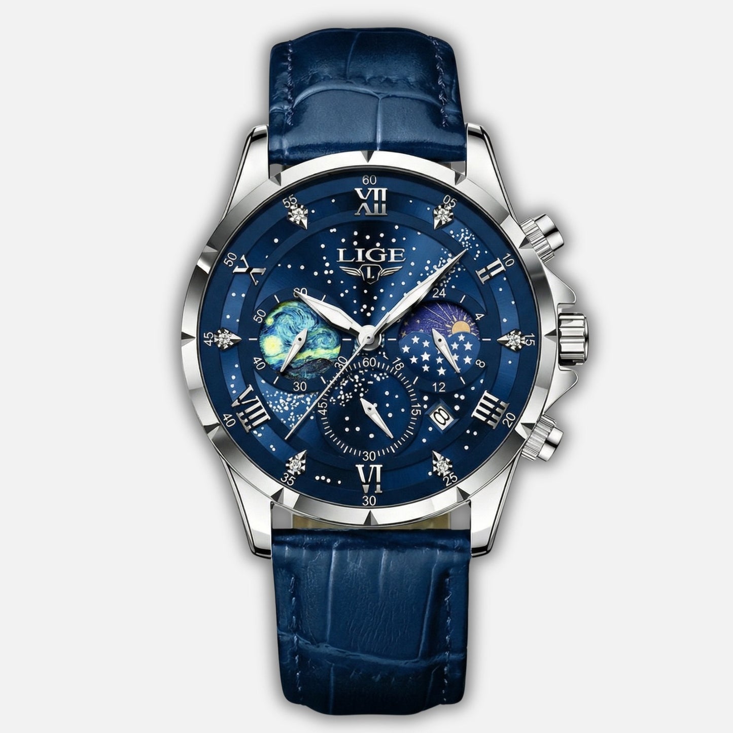 Reloj cronógrafo con fases lunares y fecha para hombre