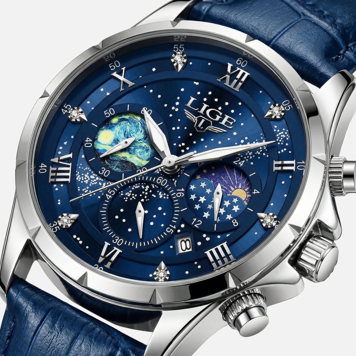 Reloj cronógrafo con fases lunares y fecha para hombre
