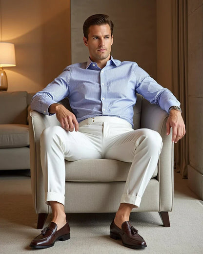 Pantalones con pliegues delanteros y trabillas para cinturón para caballeros