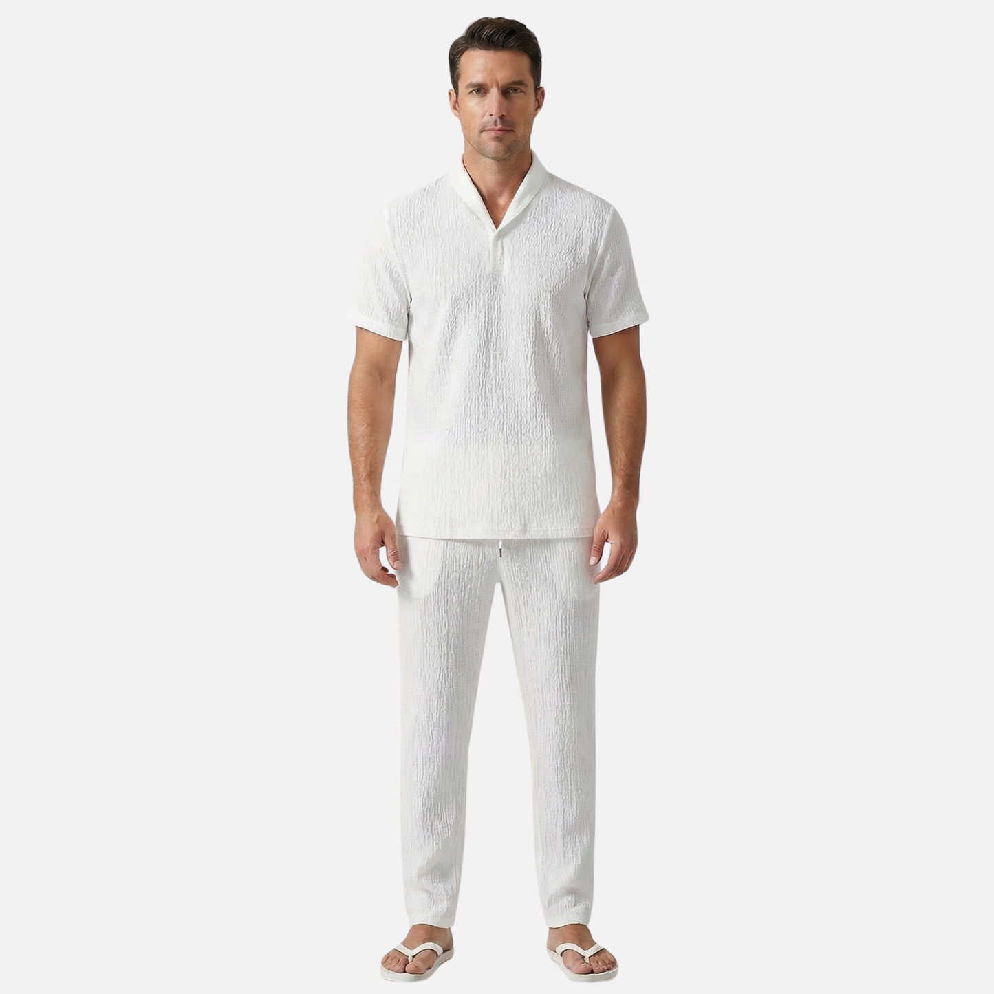 Conjunto ligero de verano de lino – camisa de manga corta y pantalón con cordón para hombre