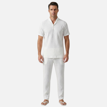 Conjunto ligero de verano de lino – camisa de manga corta y pantalón con cordón para hombre