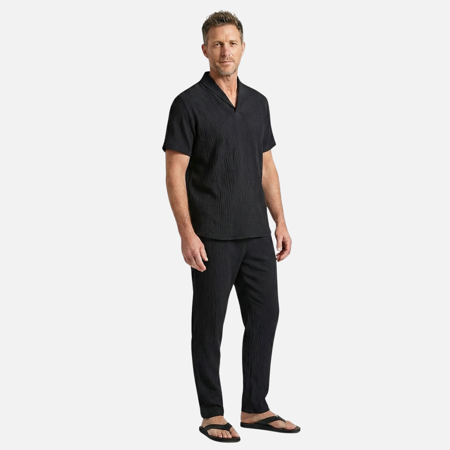 Conjunto ligero de verano de lino – camisa de manga corta y pantalón con cordón para hombre