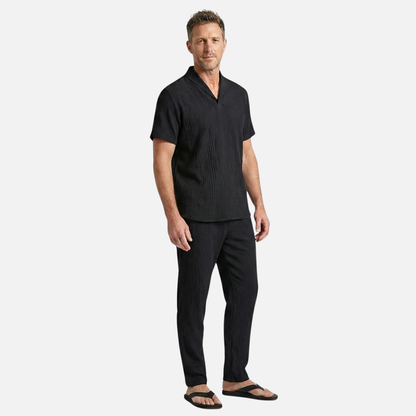 Conjunto ligero de verano de lino – camisa de manga corta y pantalón con cordón para hombre