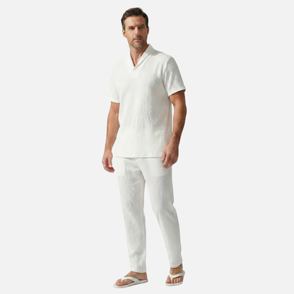 Conjunto ligero de verano de lino – camisa de manga corta y pantalón con cordón para hombre