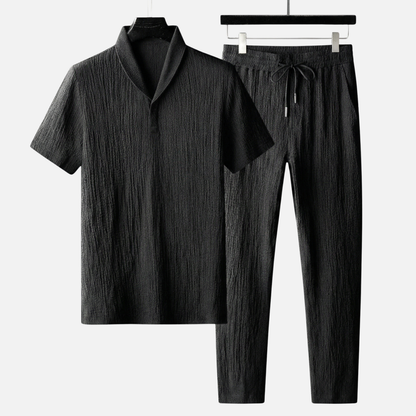 Conjunto ligero de verano de lino – camisa de manga corta y pantalón con cordón para hombre