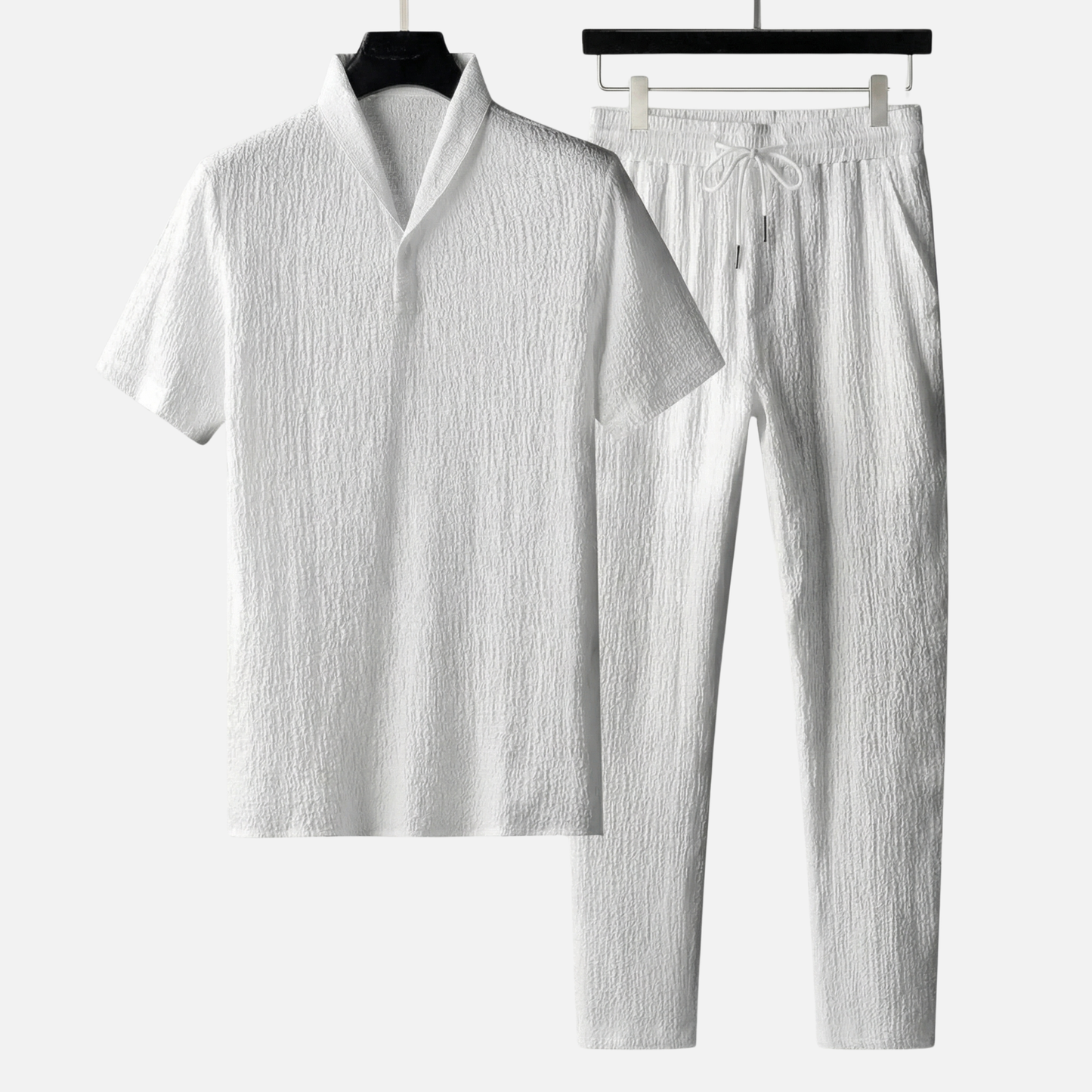 Conjunto ligero de verano de lino – camisa de manga corta y pantalón con cordón para hombre