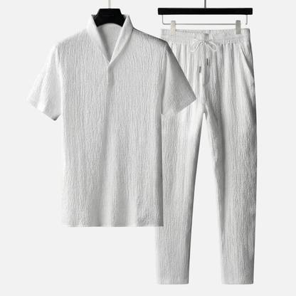 Conjunto ligero de verano de lino – camisa de manga corta y pantalón con cordón para hombre