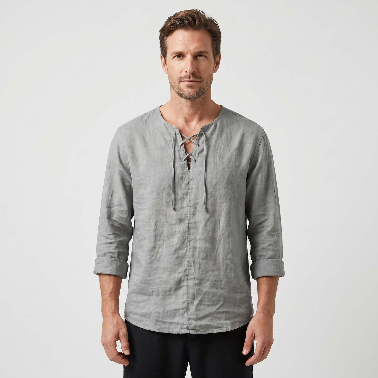 Camisa de lino de verano con cordones para hombre