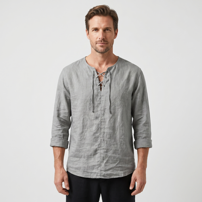 Camisa de lino de verano con cordones para hombre