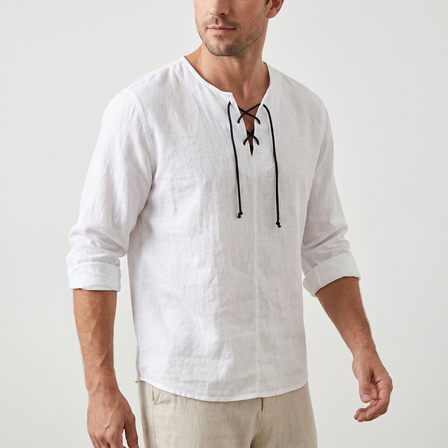 Camisa de lino de verano con cordones para hombre