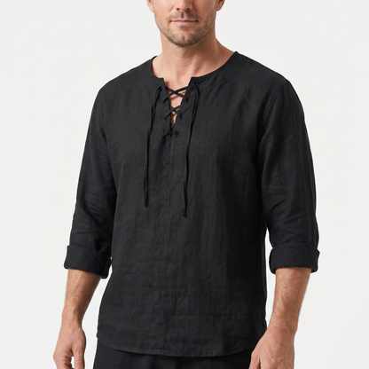 Camisa de lino de verano con cordones para hombre